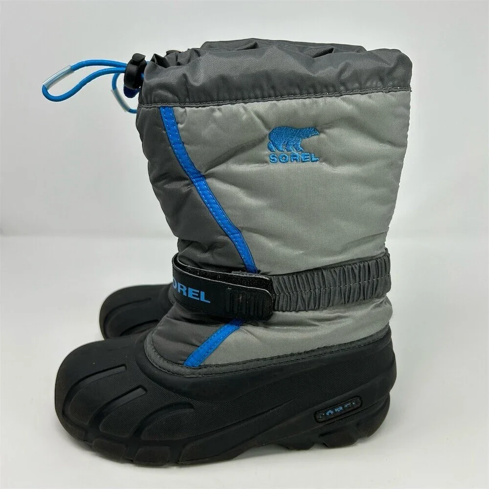 SOREL Flurry Snow Boots Boy Kids Gray Black Blue Waterproof Winter Size 3